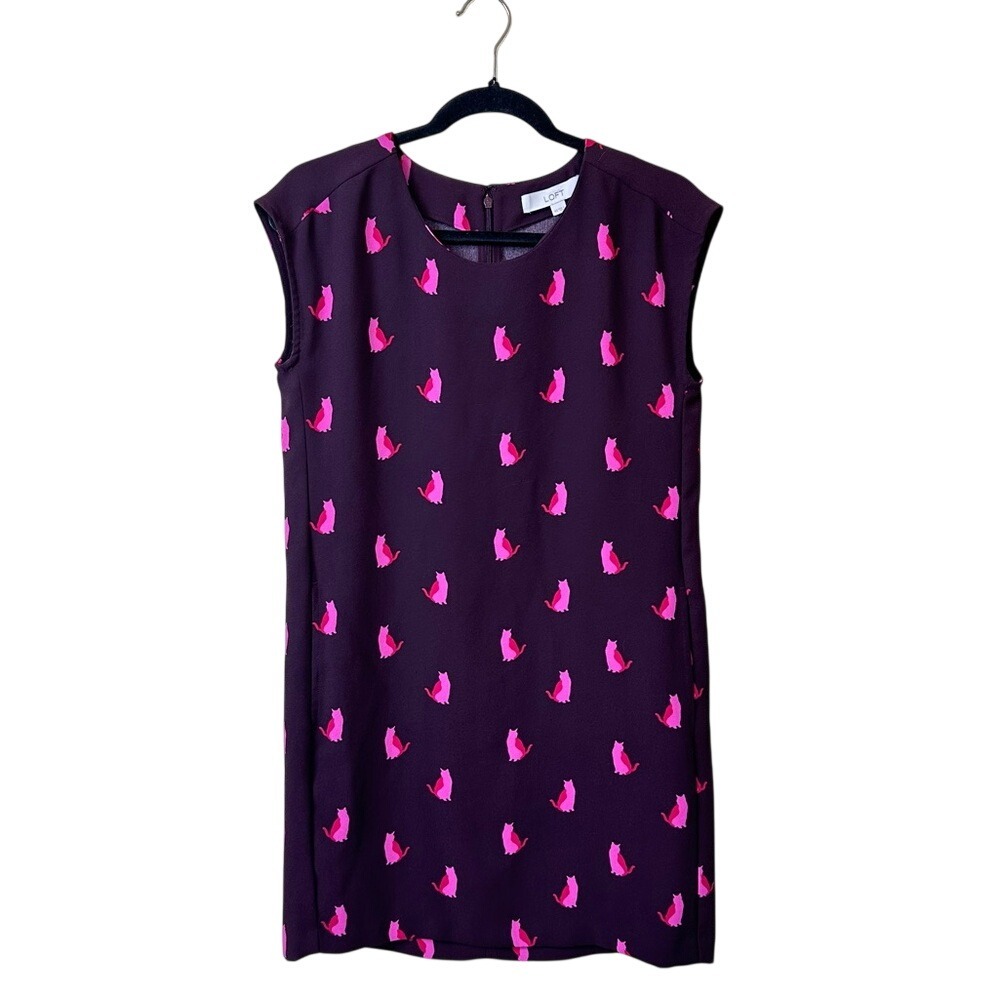 LOFT Plum Shift Cat Dress Bright Pink Print‎ FLAW Office Whimsy XS